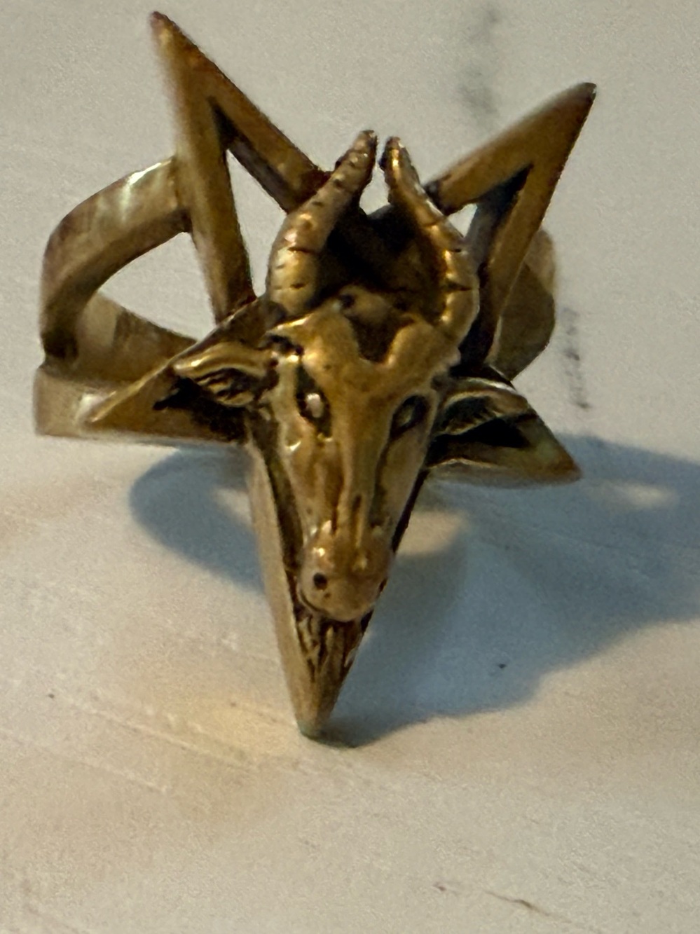 Brass Baphomet Goat Head Pentagram Ring - Picture 9 of 10